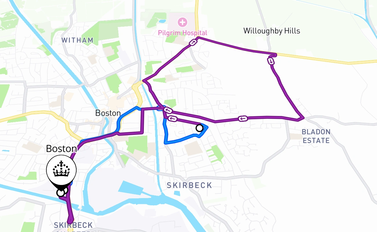 Boston driving test route #2172 map - ENG United Kingdom