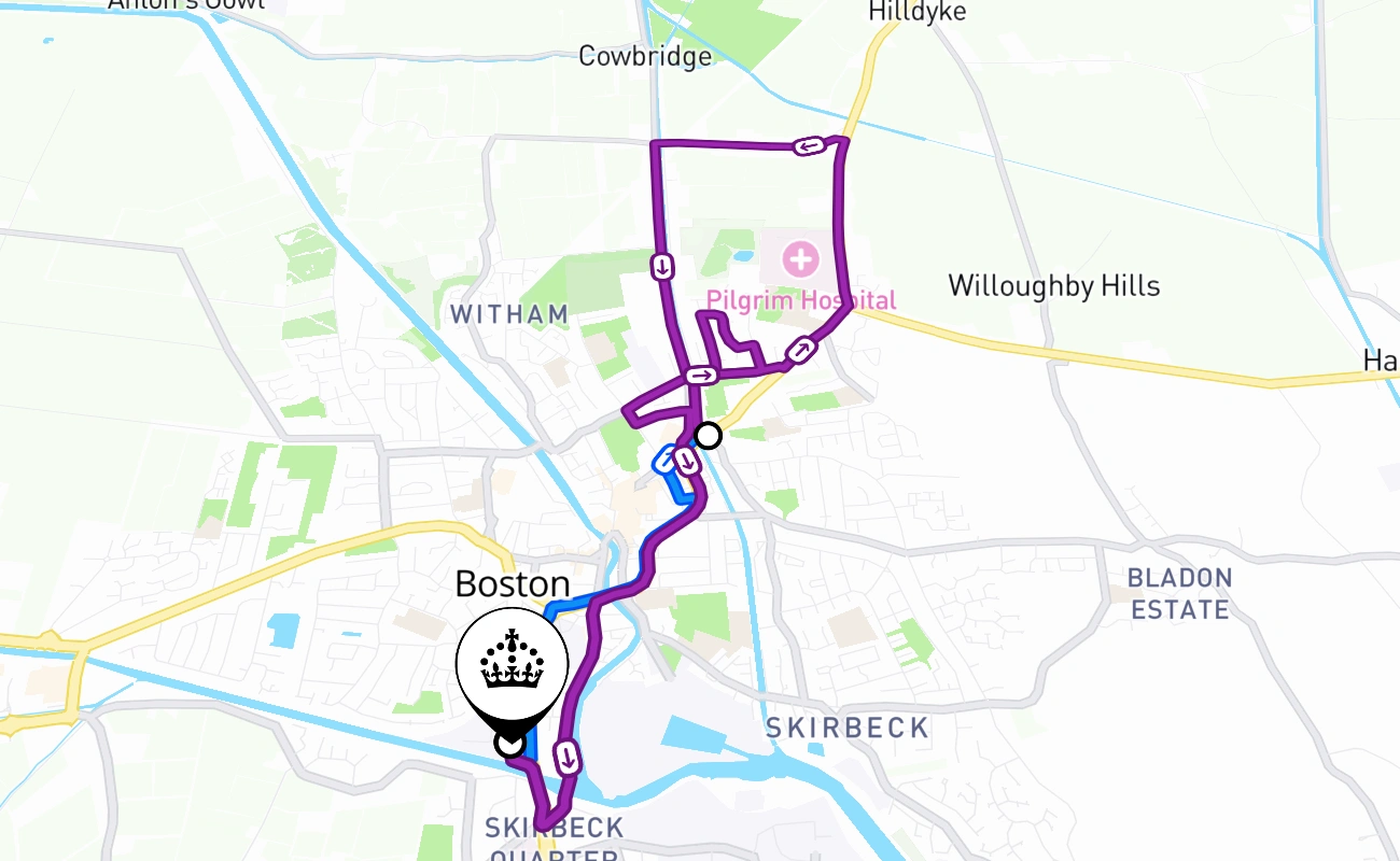 Boston driving test route #2651 map - ENG United Kingdom