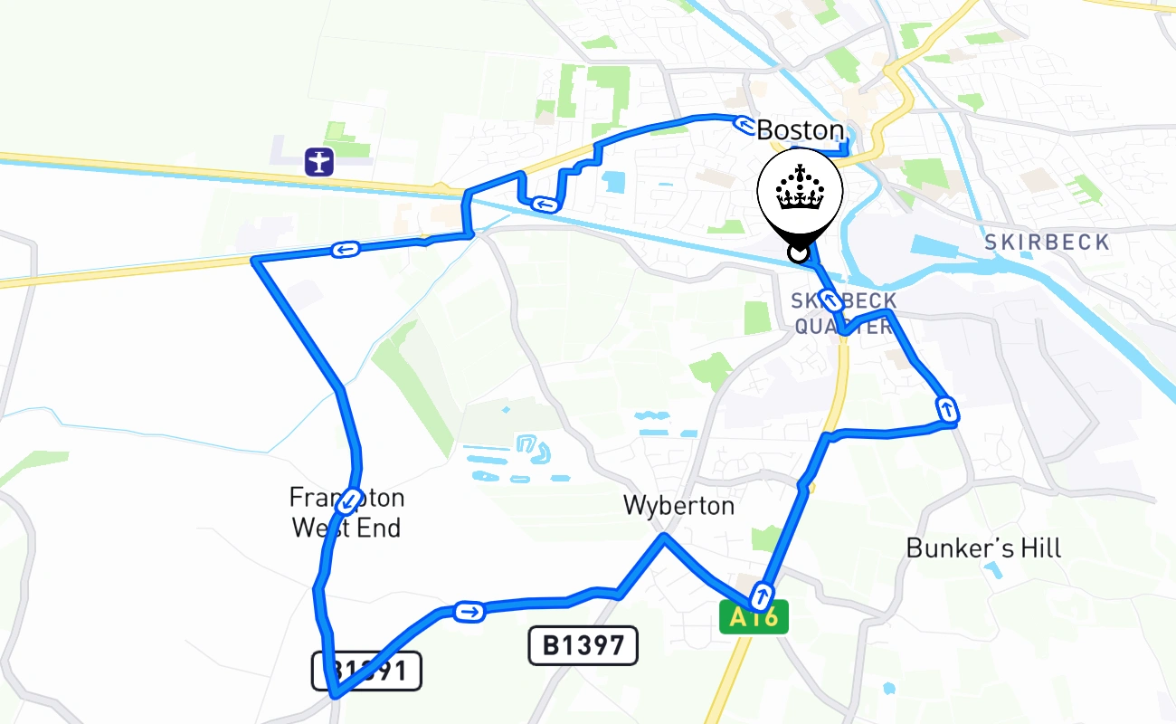 Boston driving test route #2725 map - ENG United Kingdom