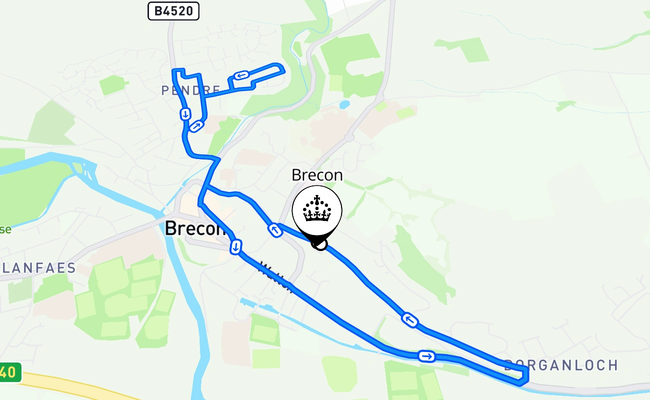 Brecon driving test route #2524 map - WLS United Kingdom