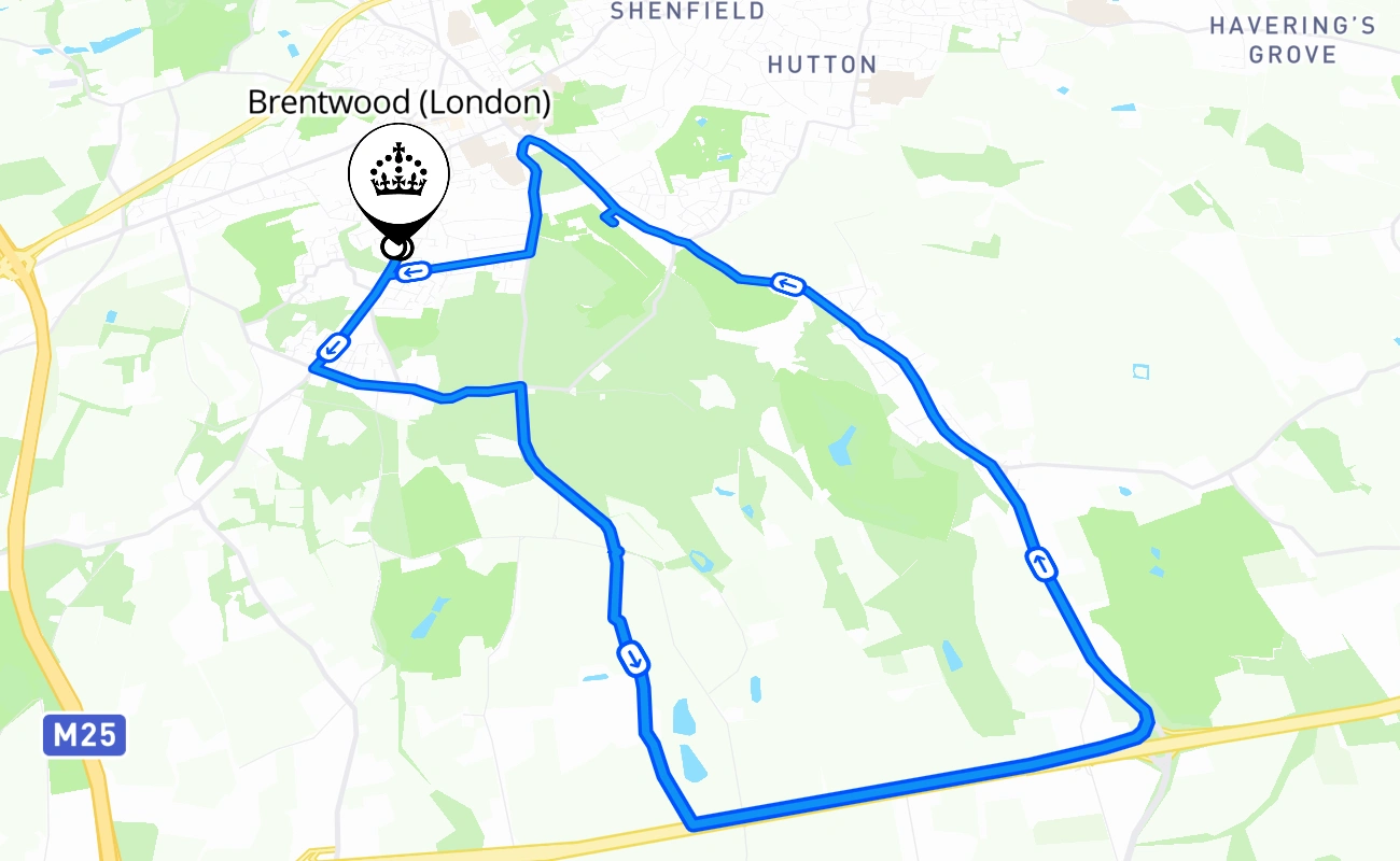 Brentwood (London) driving test route #1653 map - ENG United Kingdom
