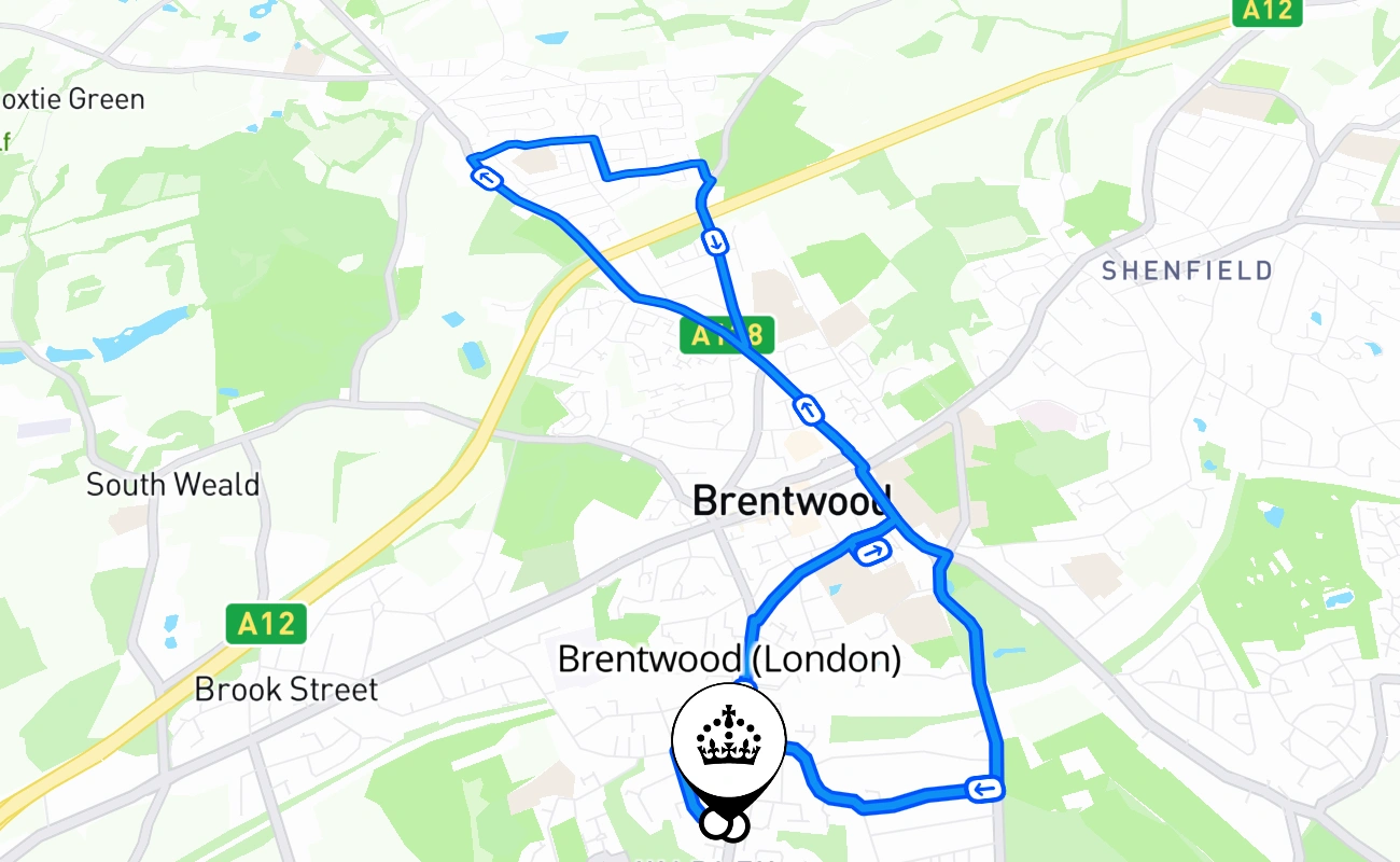 Brentwood (London) driving test route #1654 map - ENG United Kingdom