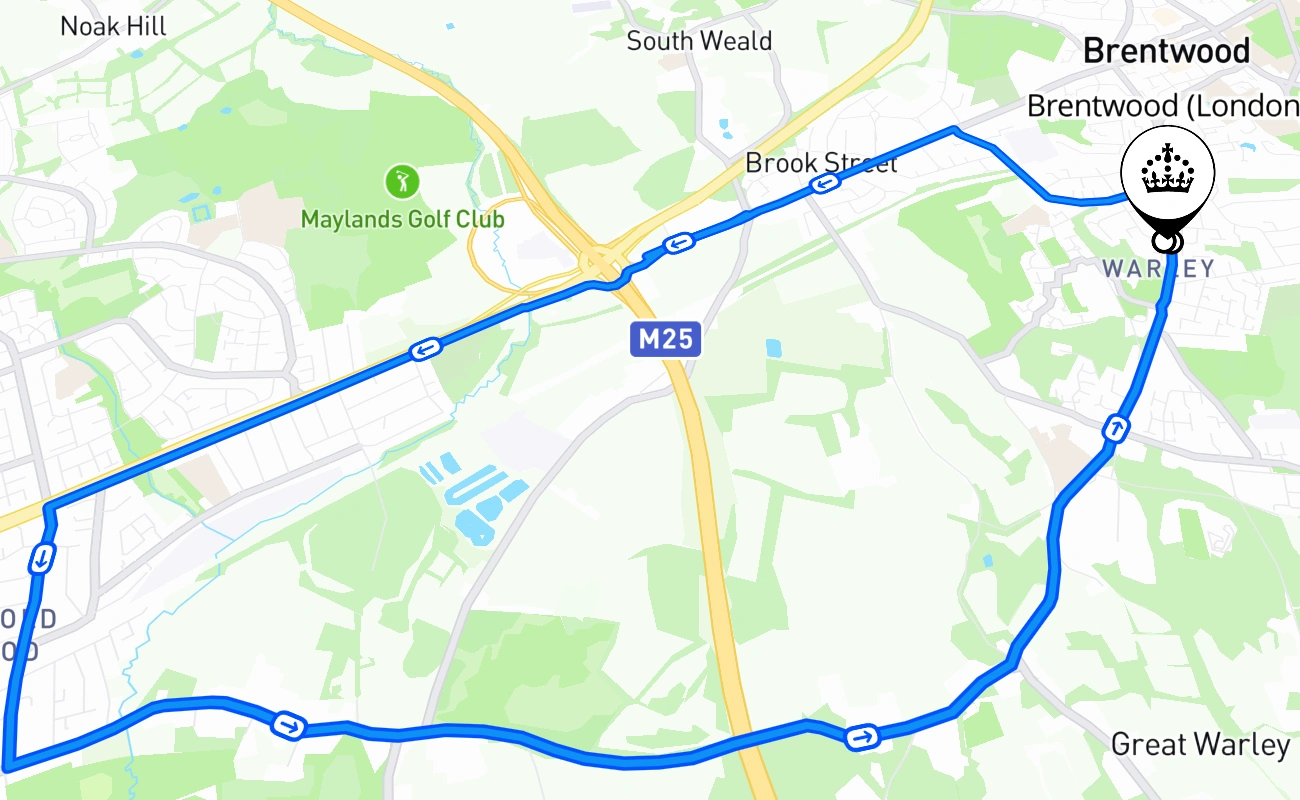 Brentwood (London) driving test route #1655 map - ENG United Kingdom