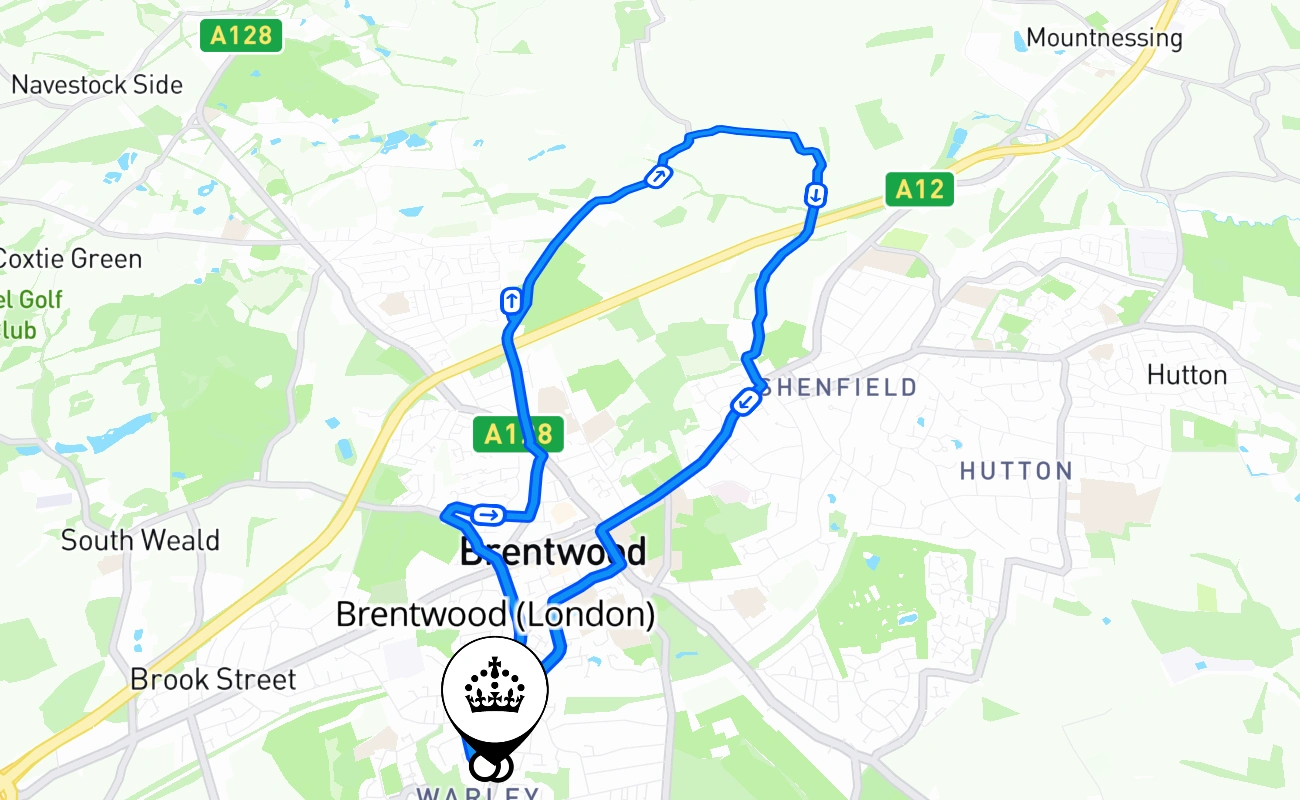 Brentwood (London) driving test route #1656 map - ENG United Kingdom