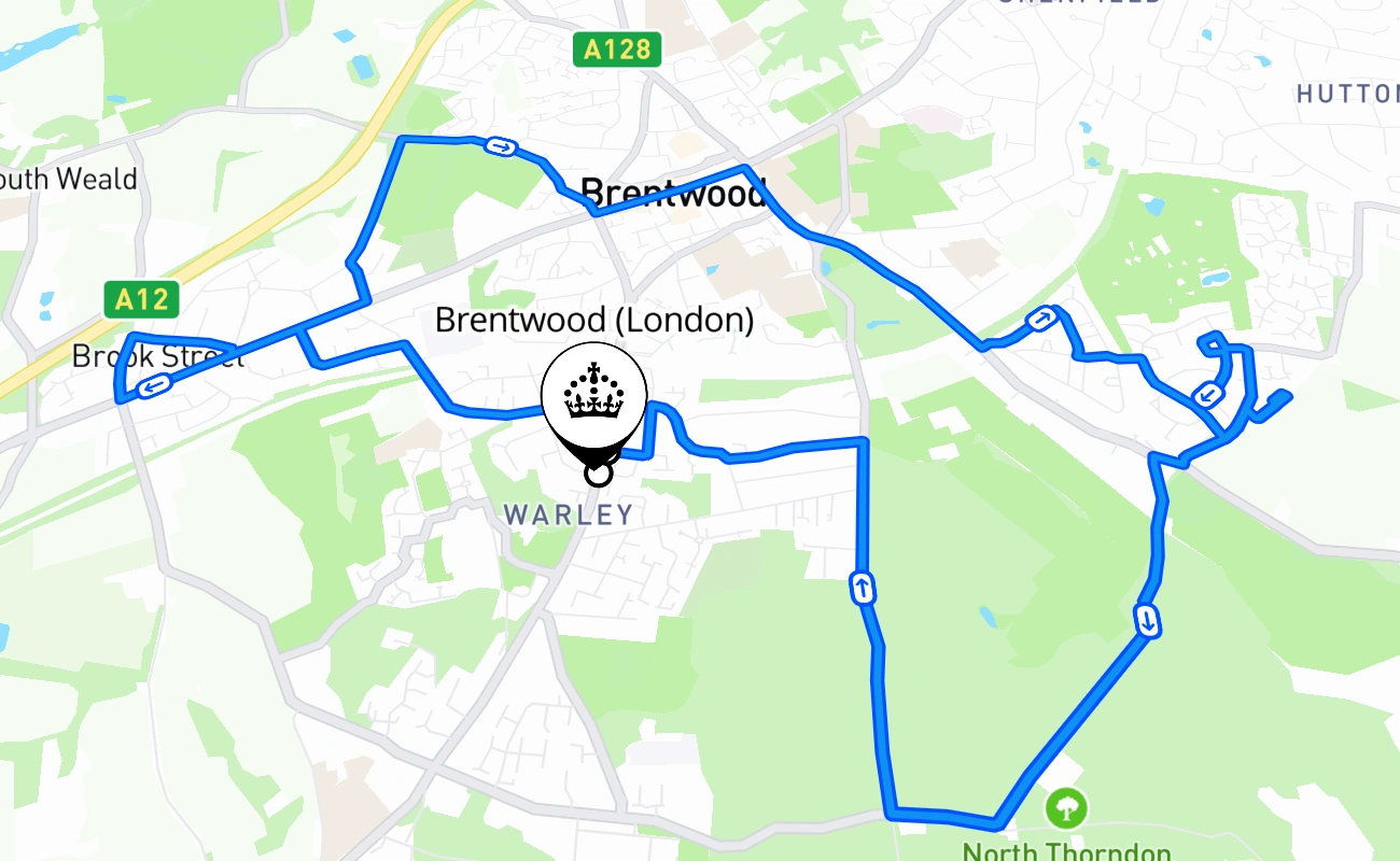 Brentwood (London) driving test route #1658 map - ENG United Kingdom