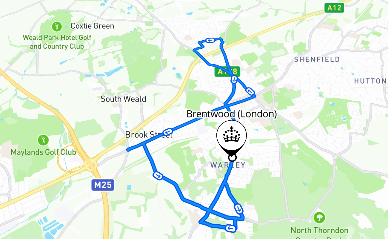 Brentwood (London) driving test route #1659 map - ENG United Kingdom