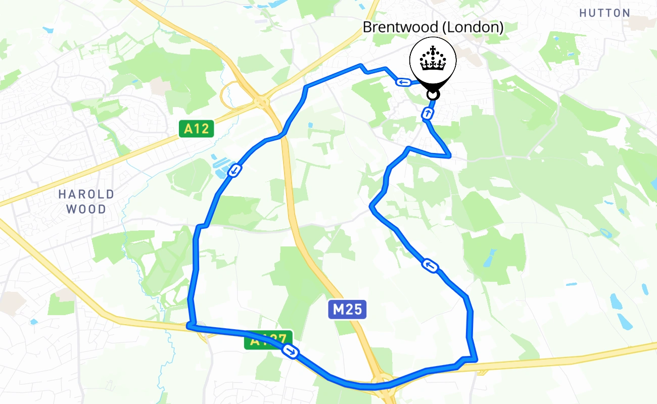 Brentwood (London) driving test route #1660 map - ENG United Kingdom