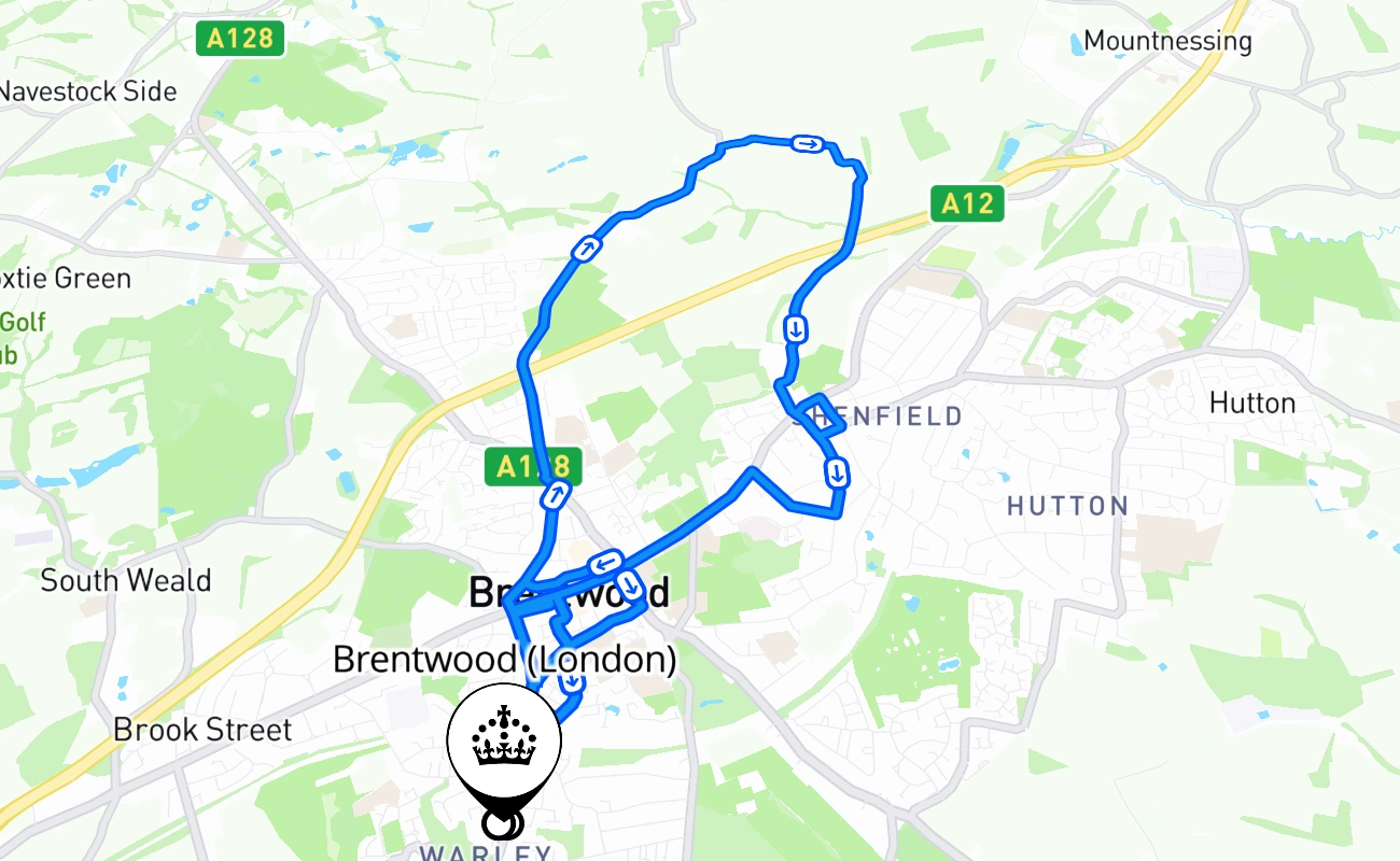 Brentwood (London) driving test route #1661 map - ENG United Kingdom