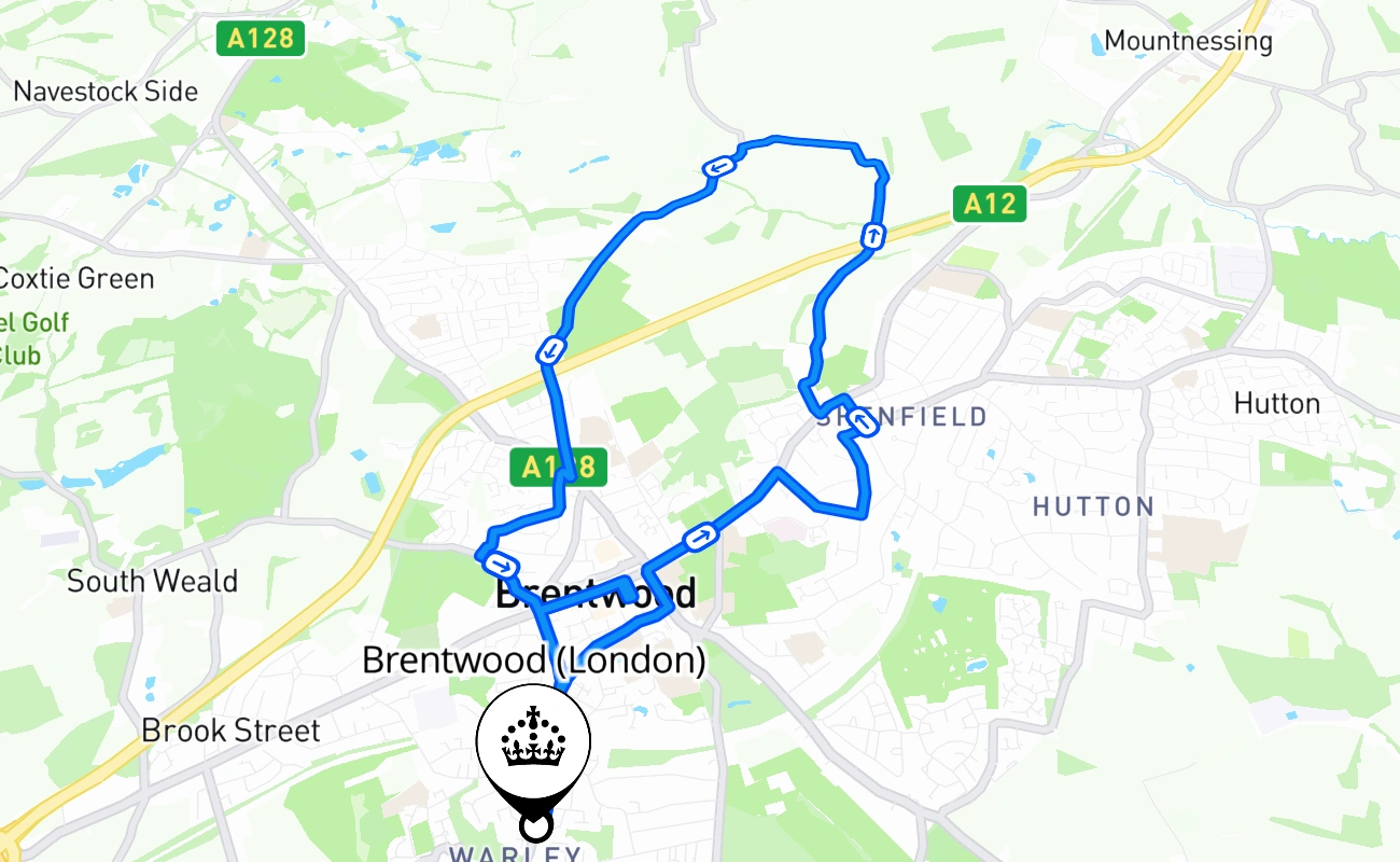 Brentwood (London) driving test route #1662 map - ENG United Kingdom