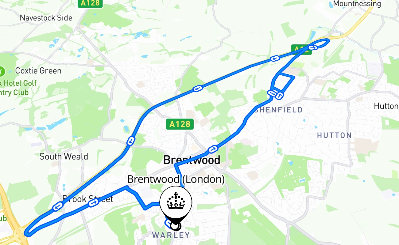 Brentwood (London) driving test route #1663 map - ENG United Kingdom