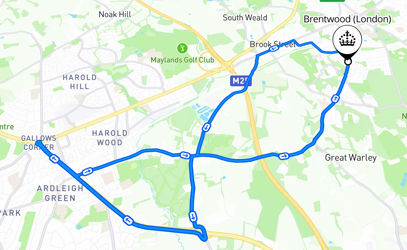 Brentwood (London) driving test route #1664 map - ENG United Kingdom