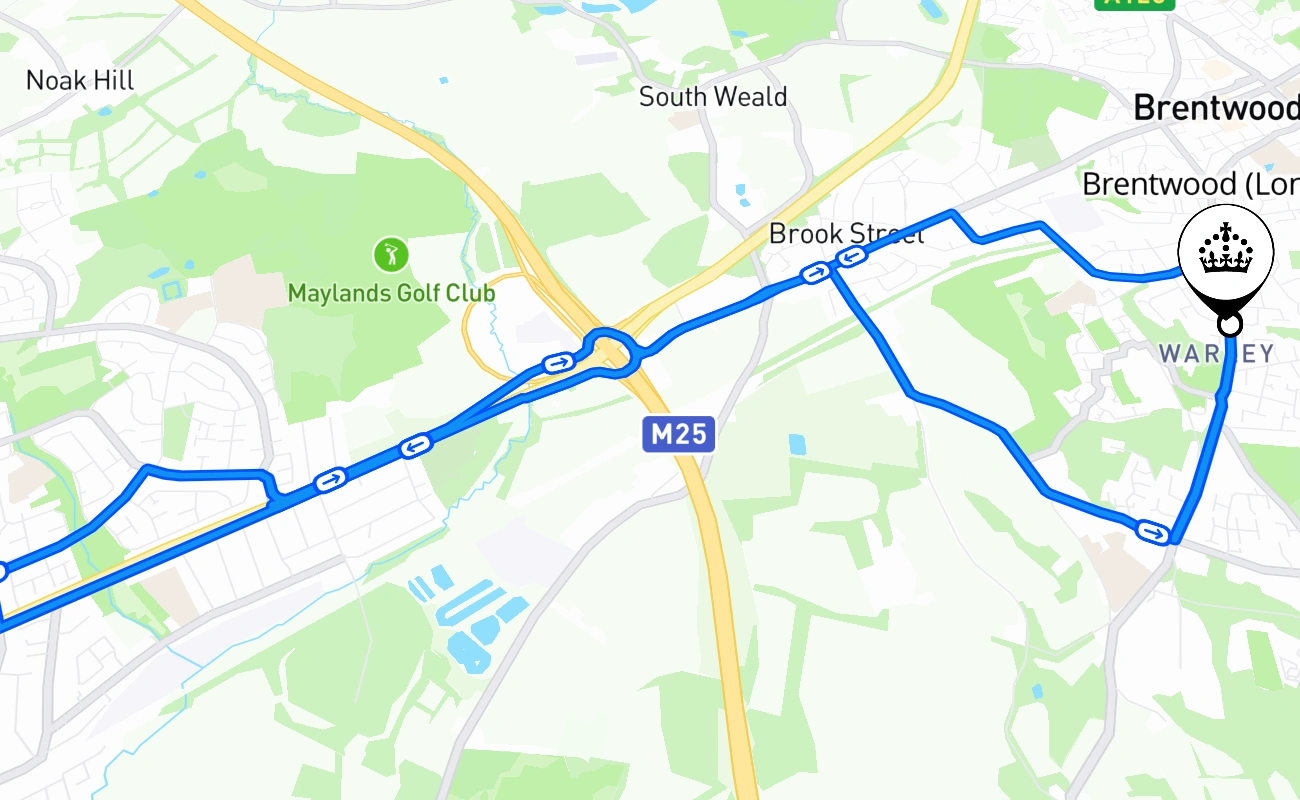 Brentwood (London) driving test route #1665 map - ENG United Kingdom