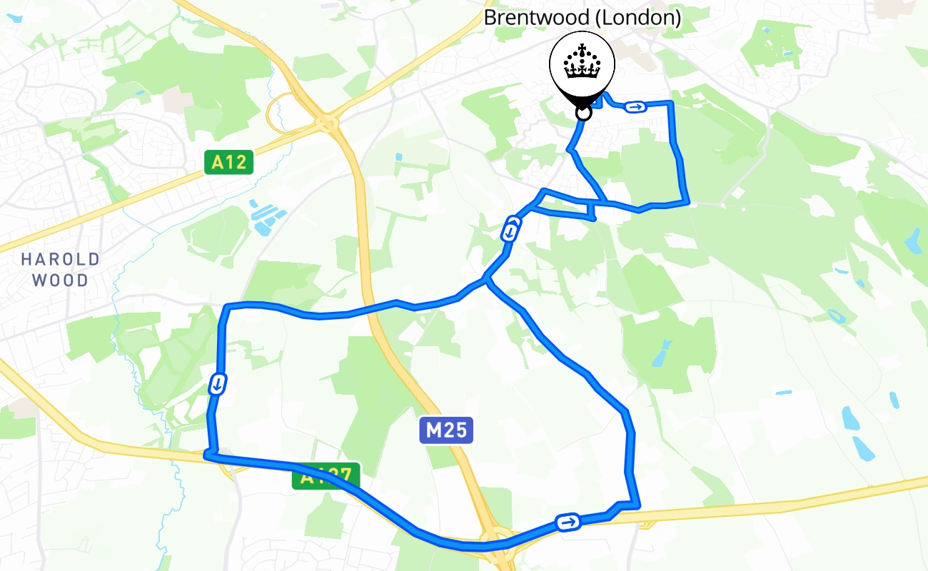 Brentwood (London) driving test route #1666 map - ENG United Kingdom