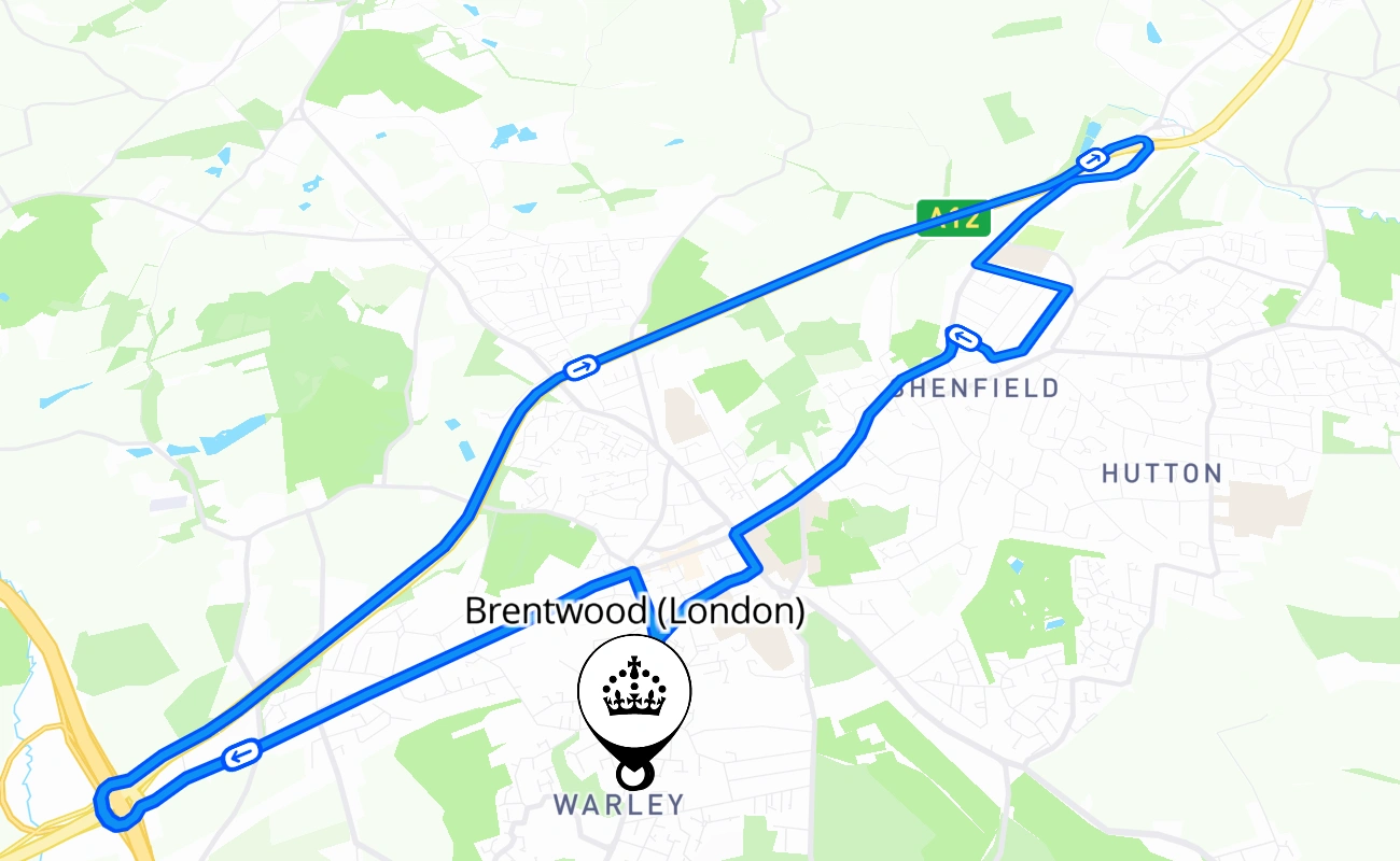 Brentwood (London) driving test route #1667 map - ENG United Kingdom