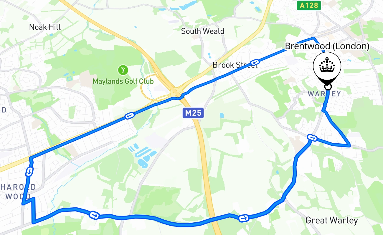 Brentwood (London) driving test route #1668 map - ENG United Kingdom