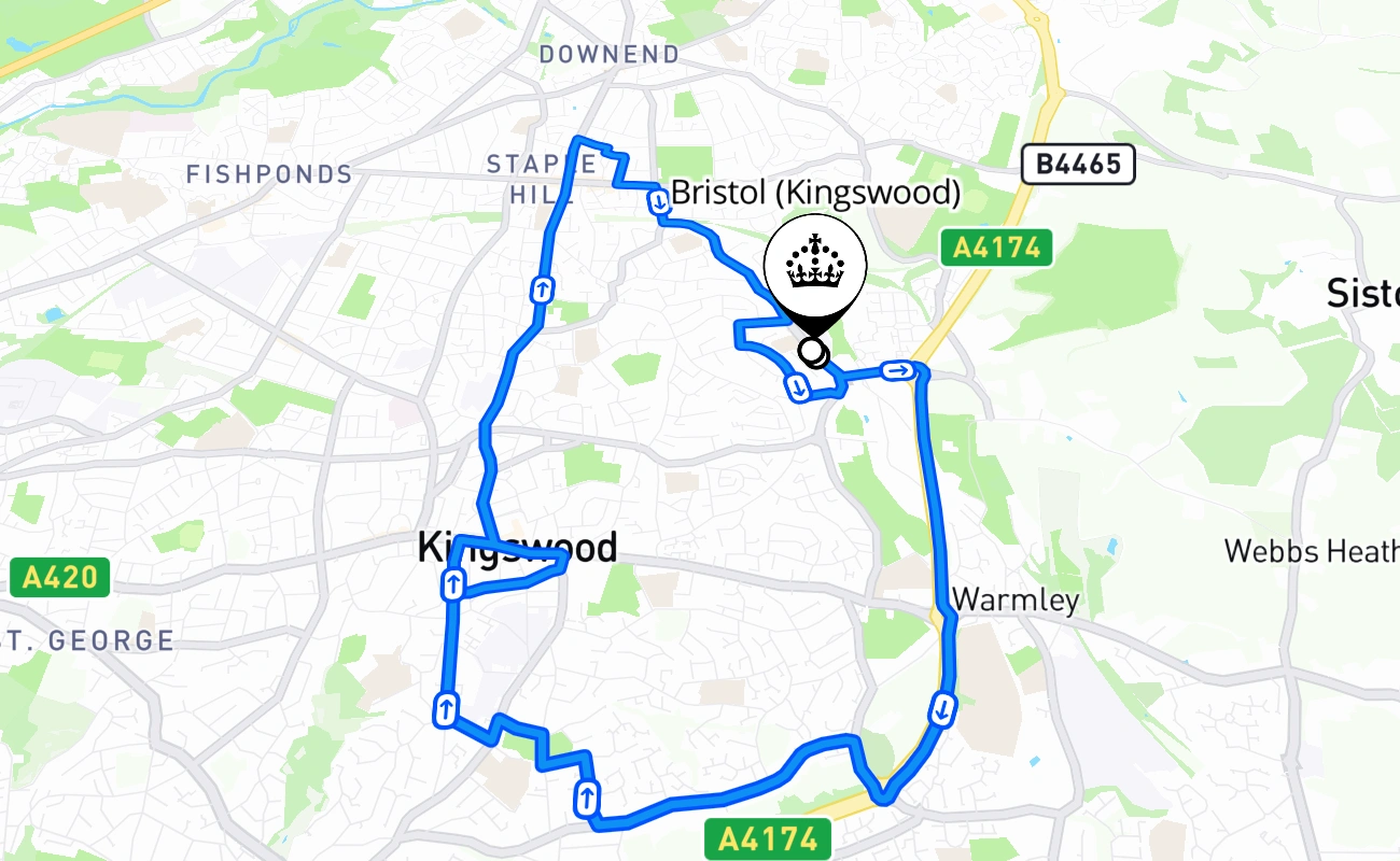 Bristol (Kingswood) driving test route #590 map - ENG United Kingdom