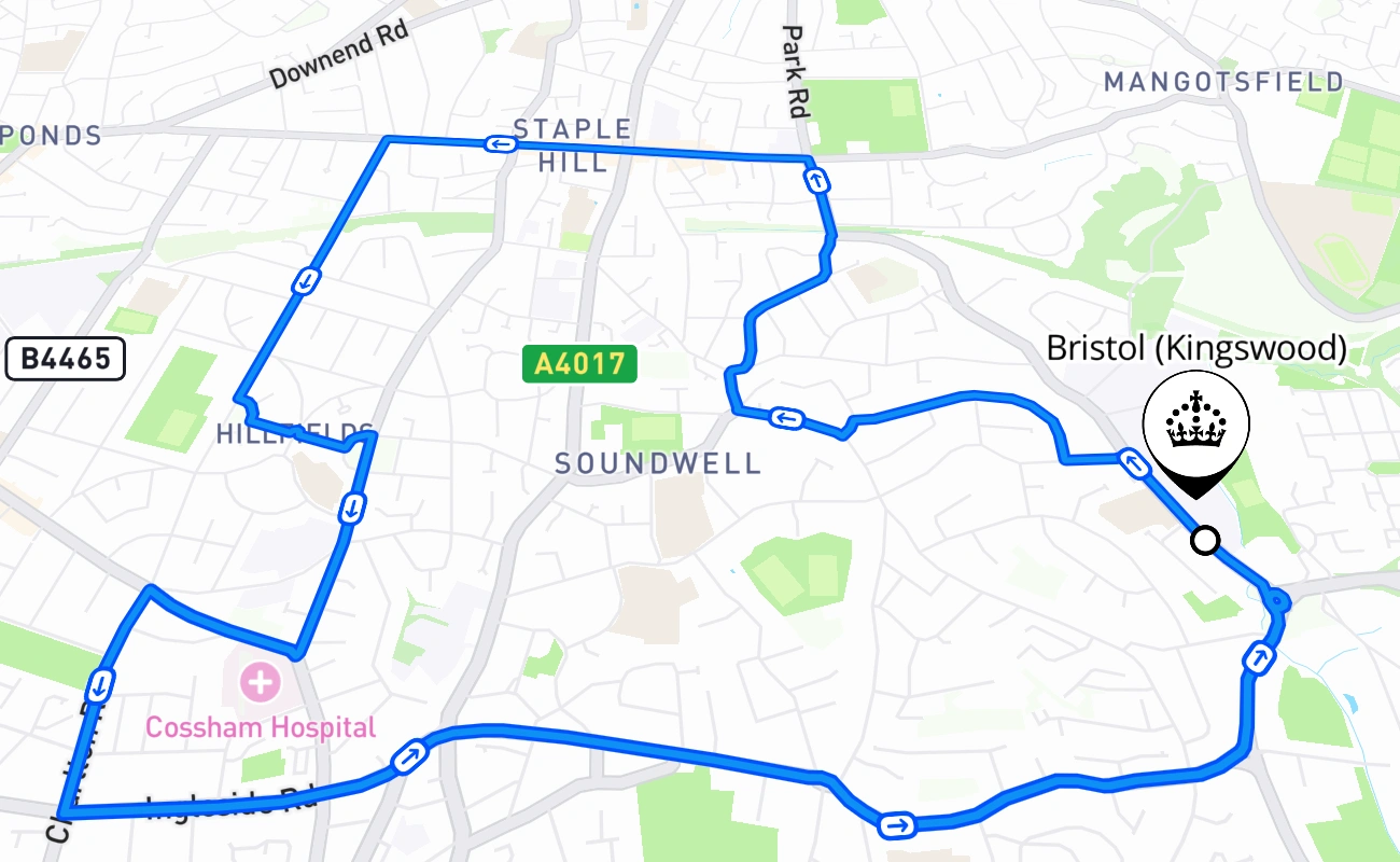 Bristol (Kingswood) driving test route #591 map - ENG United Kingdom