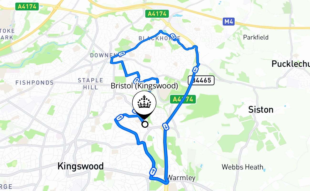 Bristol (Kingswood) driving test route #593 map - ENG United Kingdom
