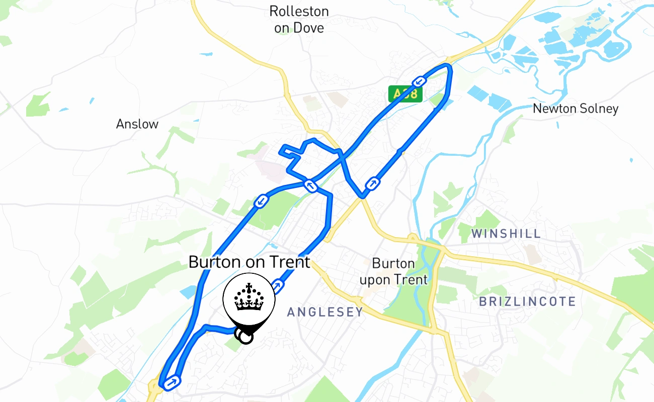 Burton on Trent driving test route #1165 map - ENG United Kingdom