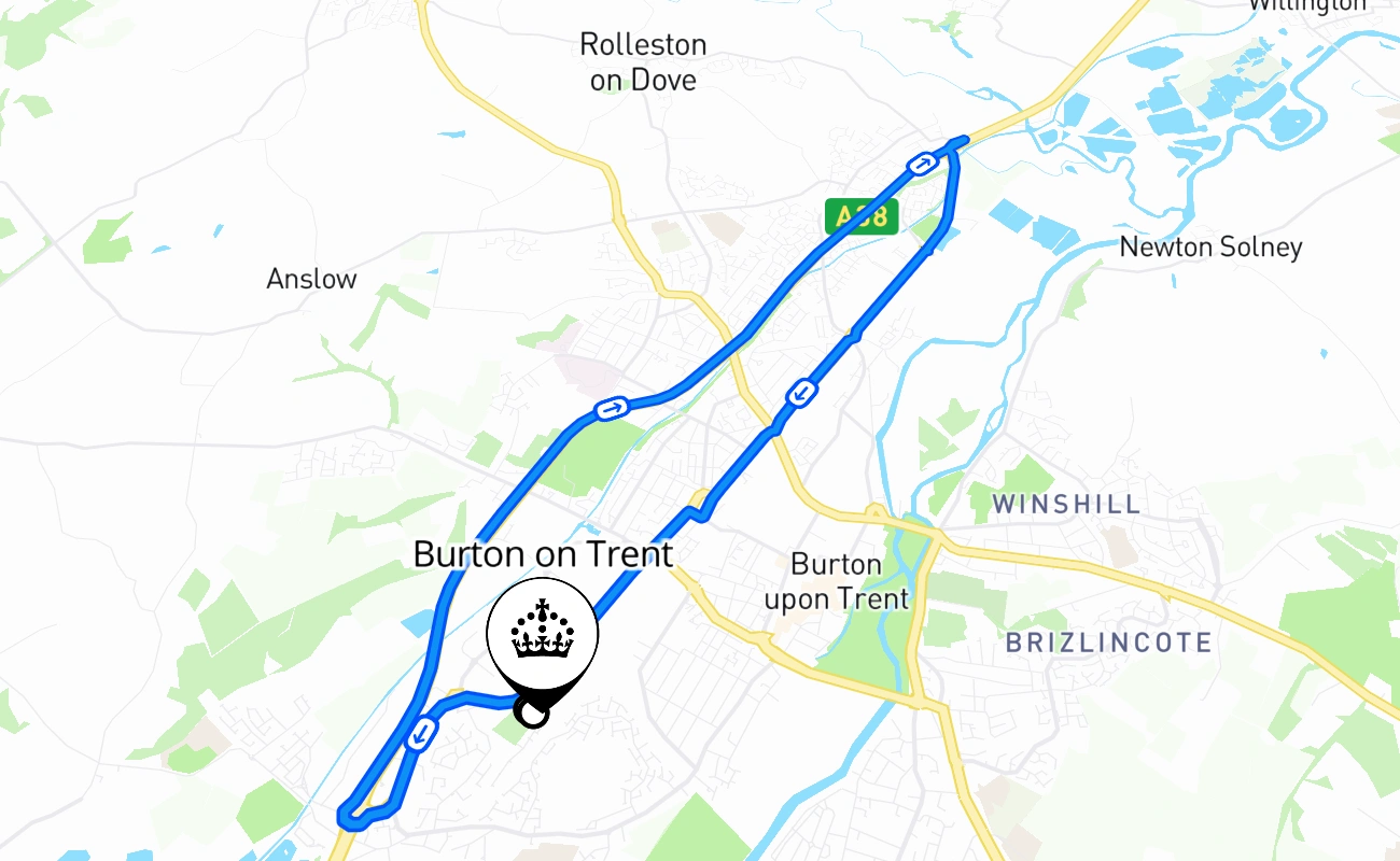 Burton on Trent driving test route #1166 map - ENG United Kingdom