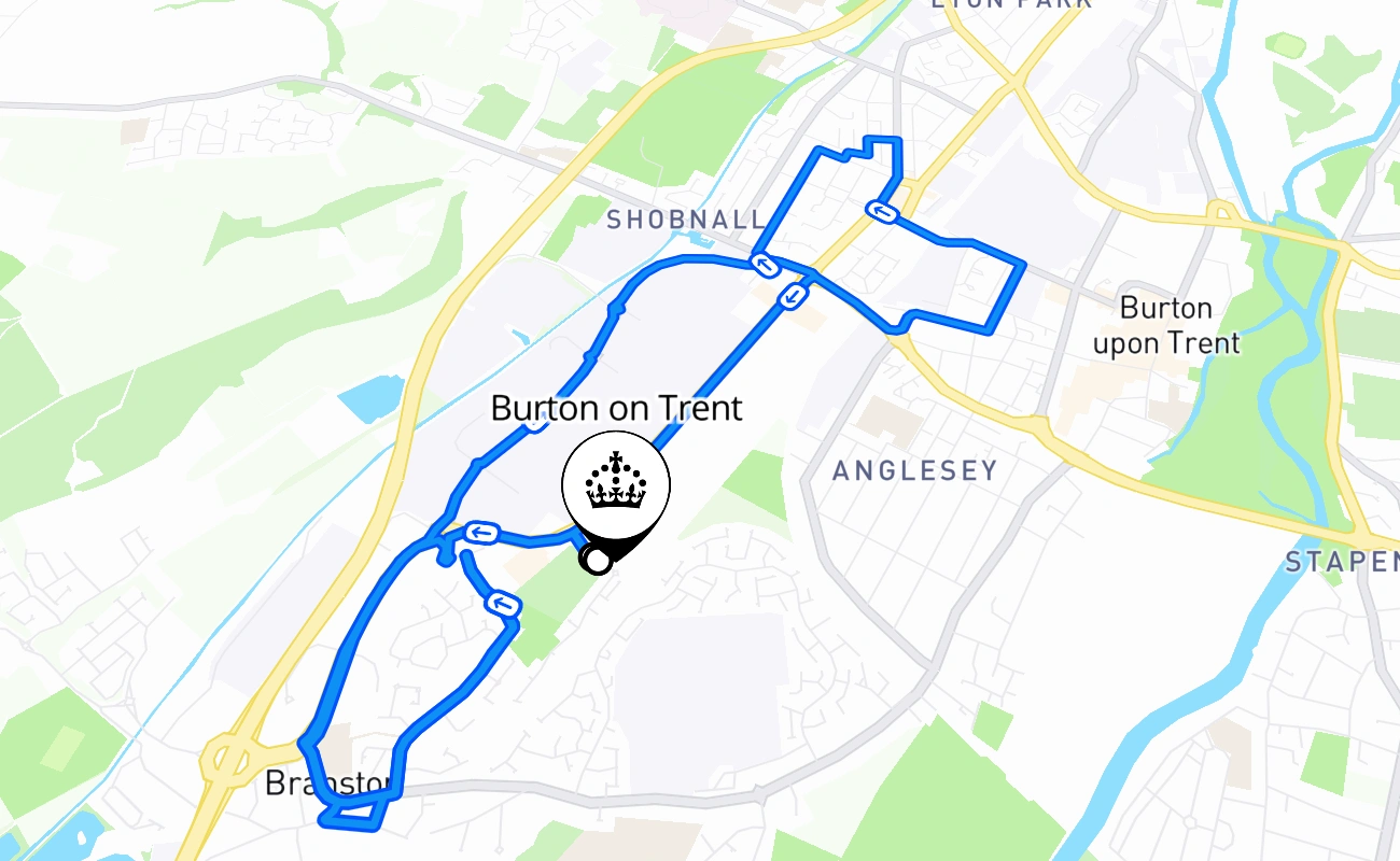 Burton on Trent driving test route #1169 map - ENG United Kingdom