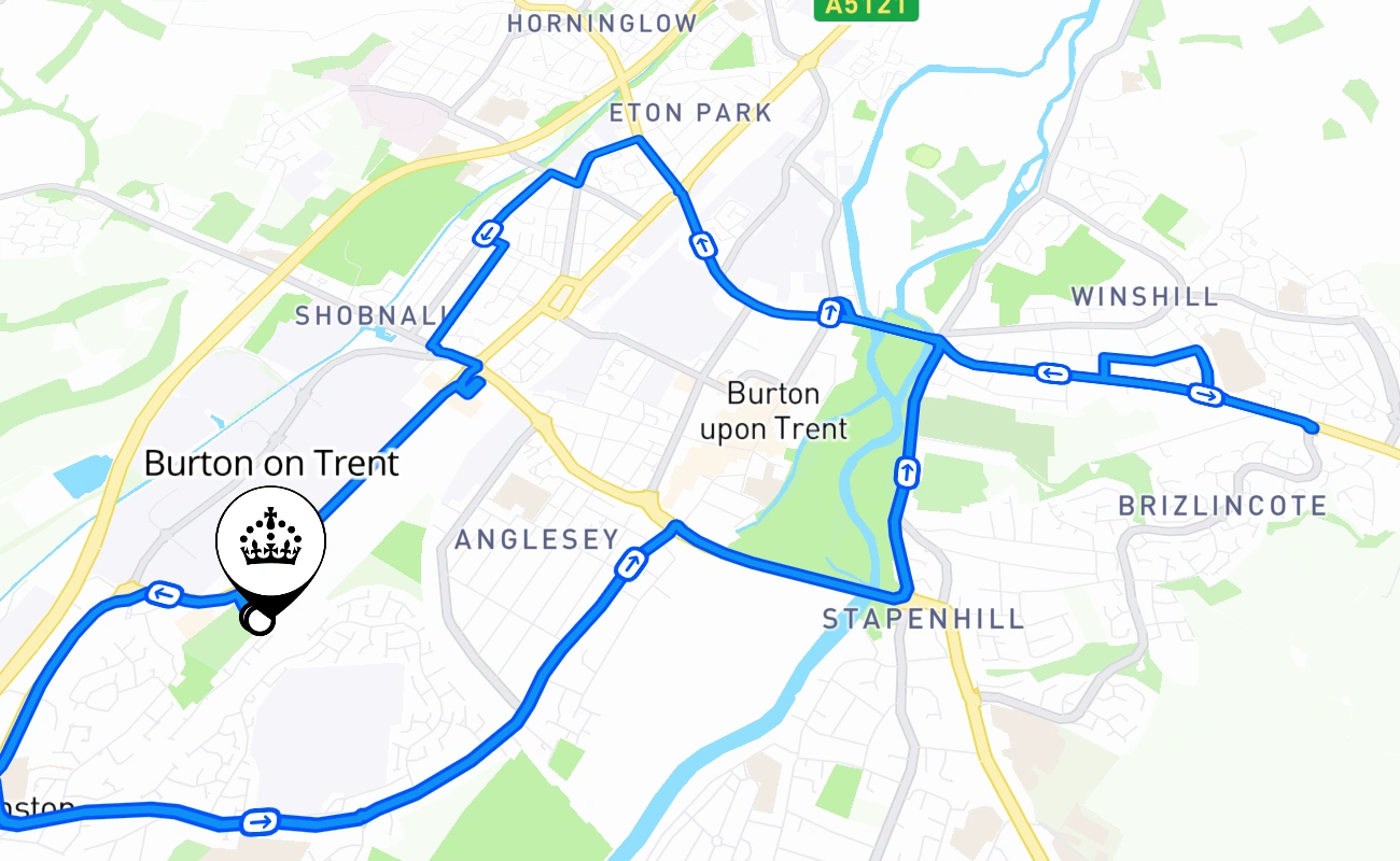 Burton on Trent driving test route #1180 map - ENG United Kingdom