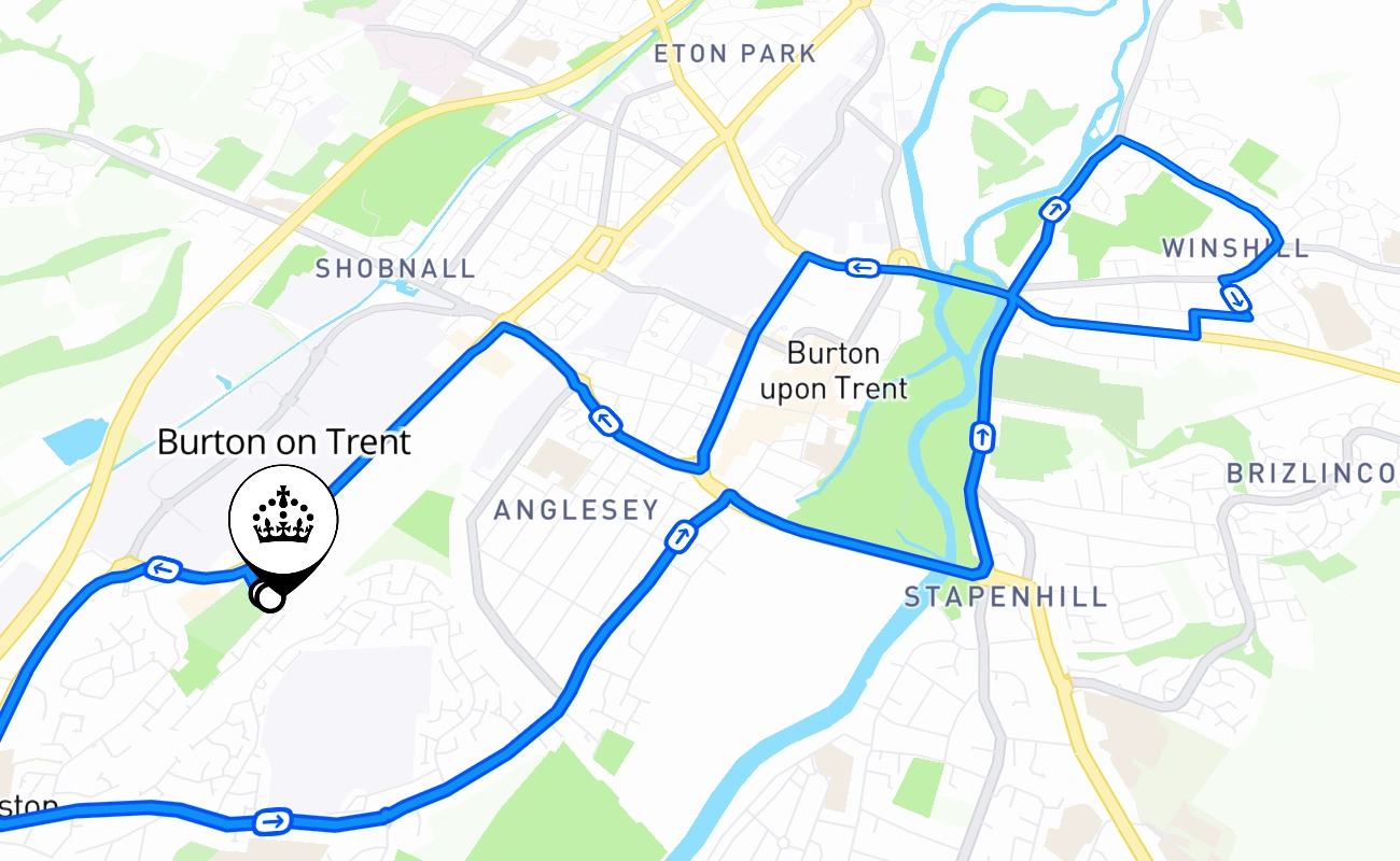 Burton on Trent driving test route #1189 map - ENG United Kingdom