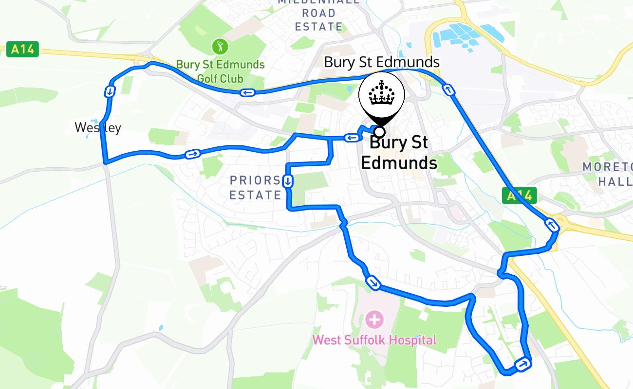 Bury St Edmunds driving test route #1088 map - ENG United Kingdom