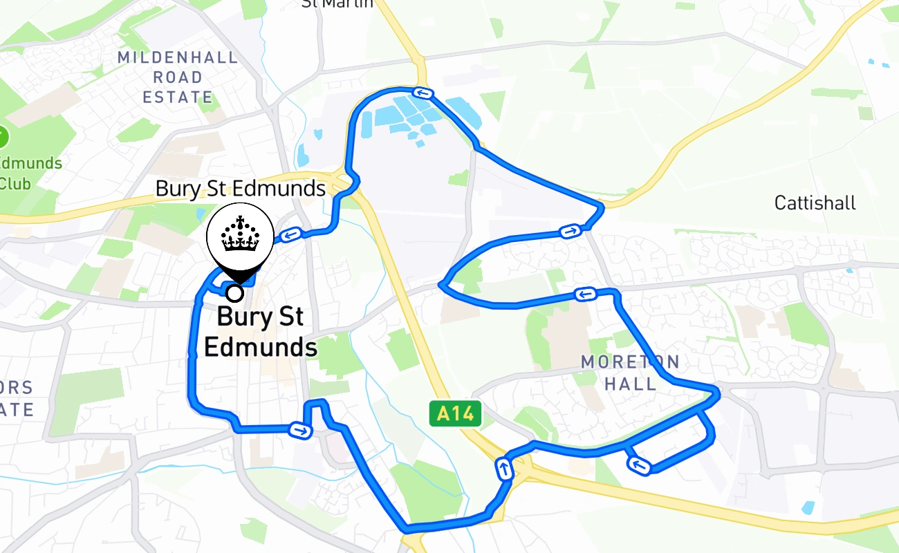 Bury St Edmunds driving test route #1090 map - ENG United Kingdom