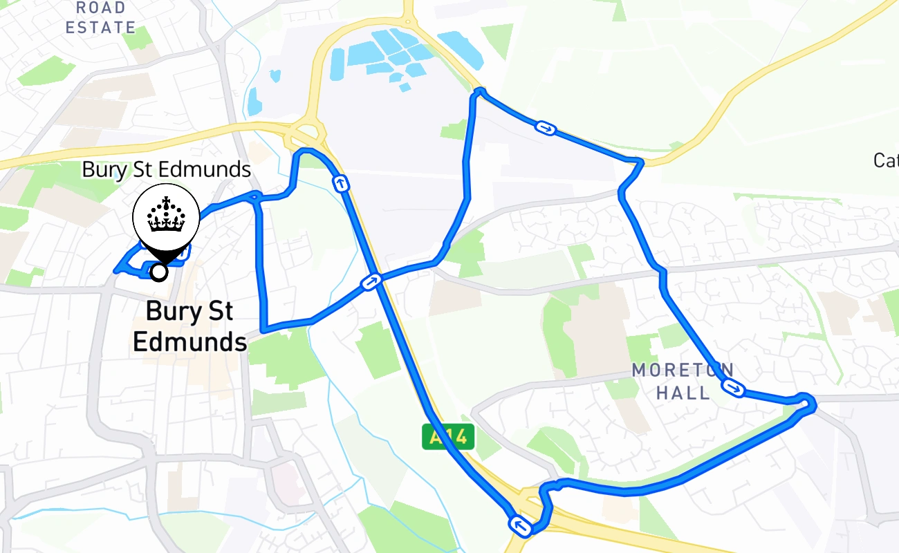 Bury St Edmunds driving test route #1091 map - ENG United Kingdom