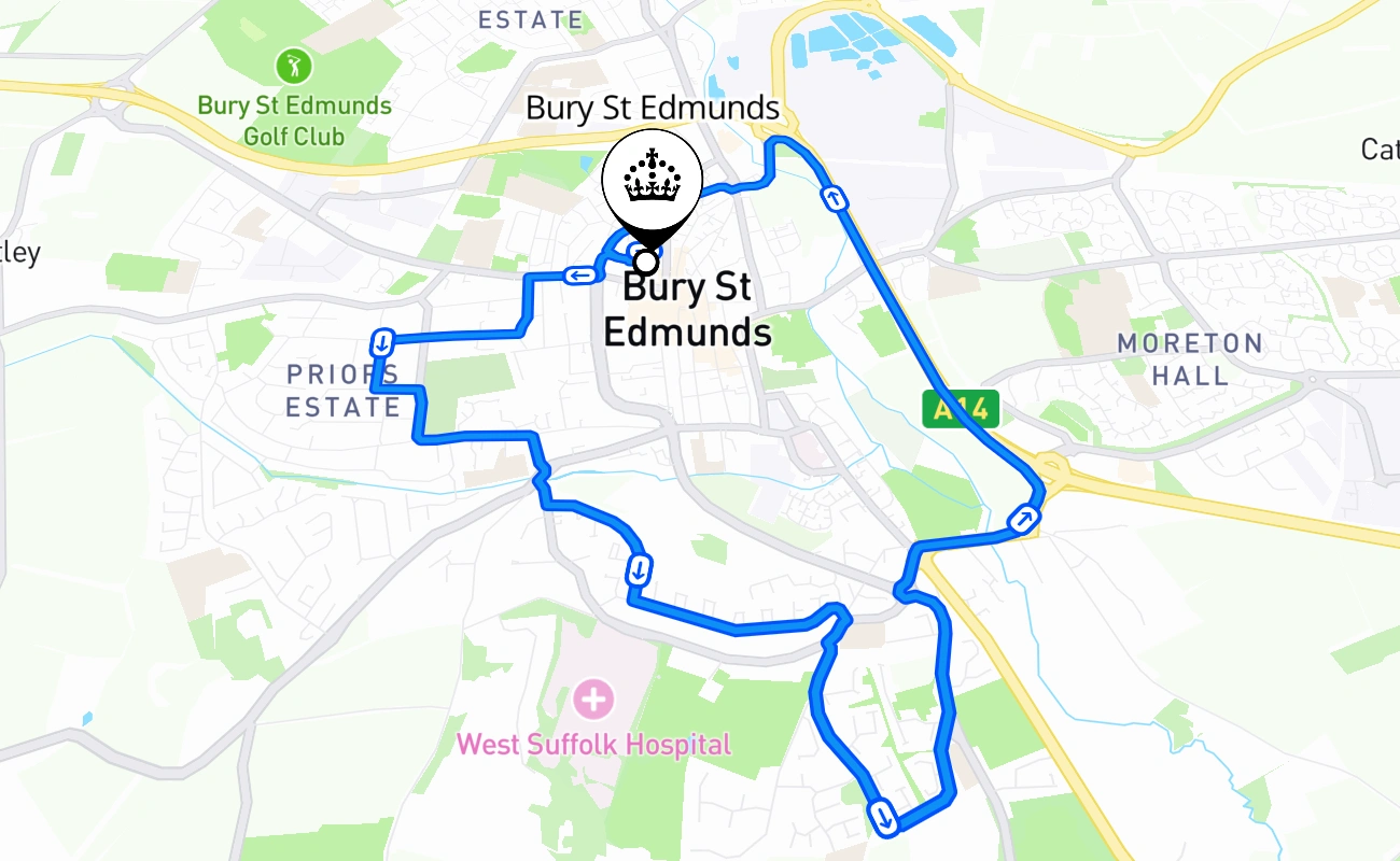 Bury St Edmunds driving test route #1093 map - ENG United Kingdom