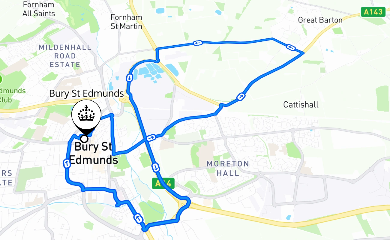 Bury St Edmunds driving test route #1094 map - ENG United Kingdom