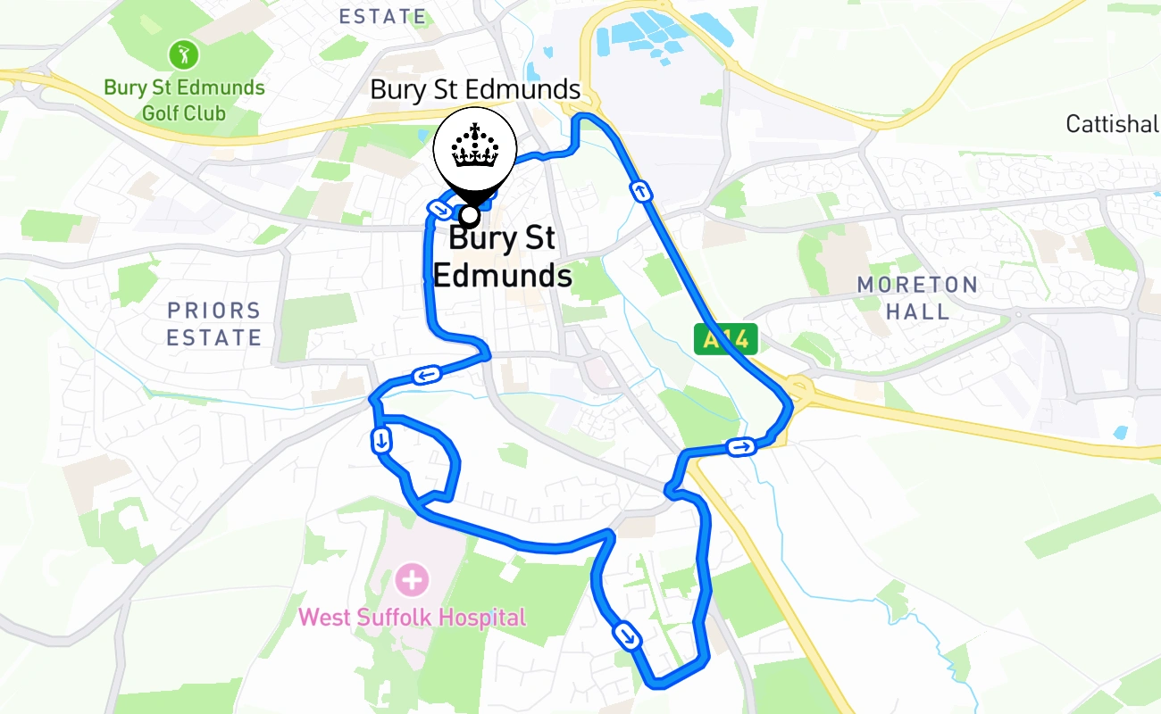 Bury St Edmunds driving test route #1095 map - ENG United Kingdom