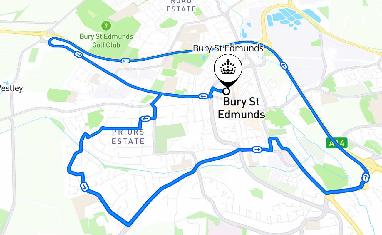 Bury St Edmunds driving test route #1096 map - ENG United Kingdom