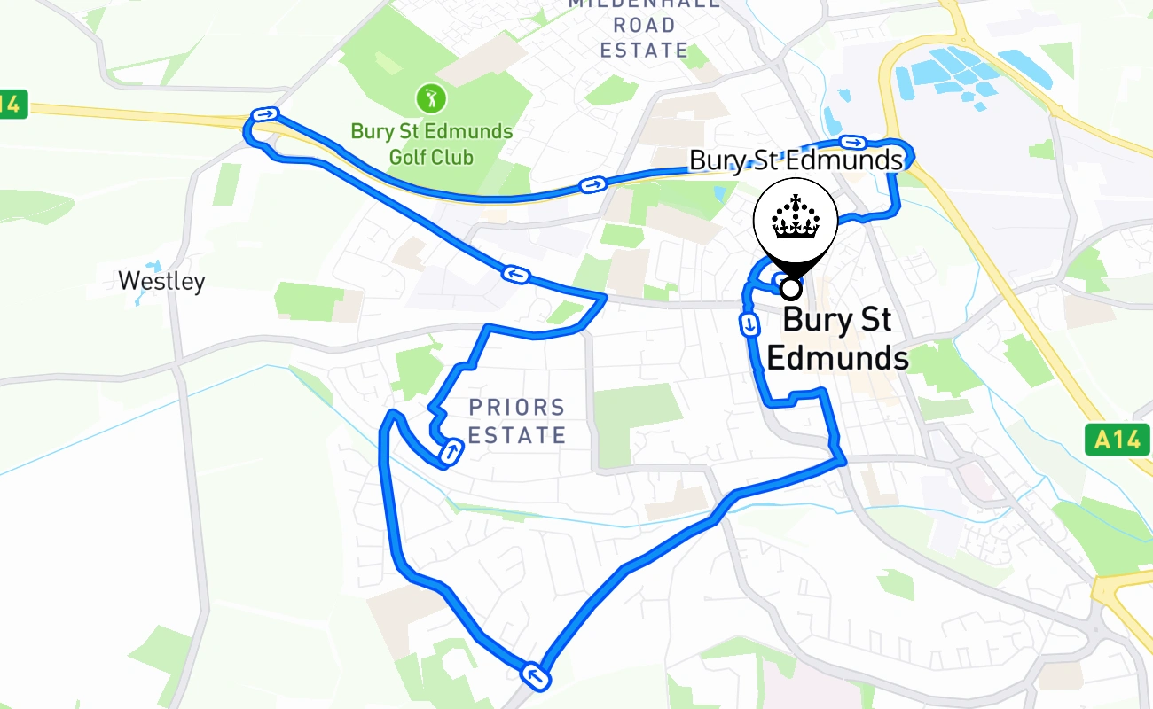 Bury St Edmunds driving test route #1098 map - ENG United Kingdom