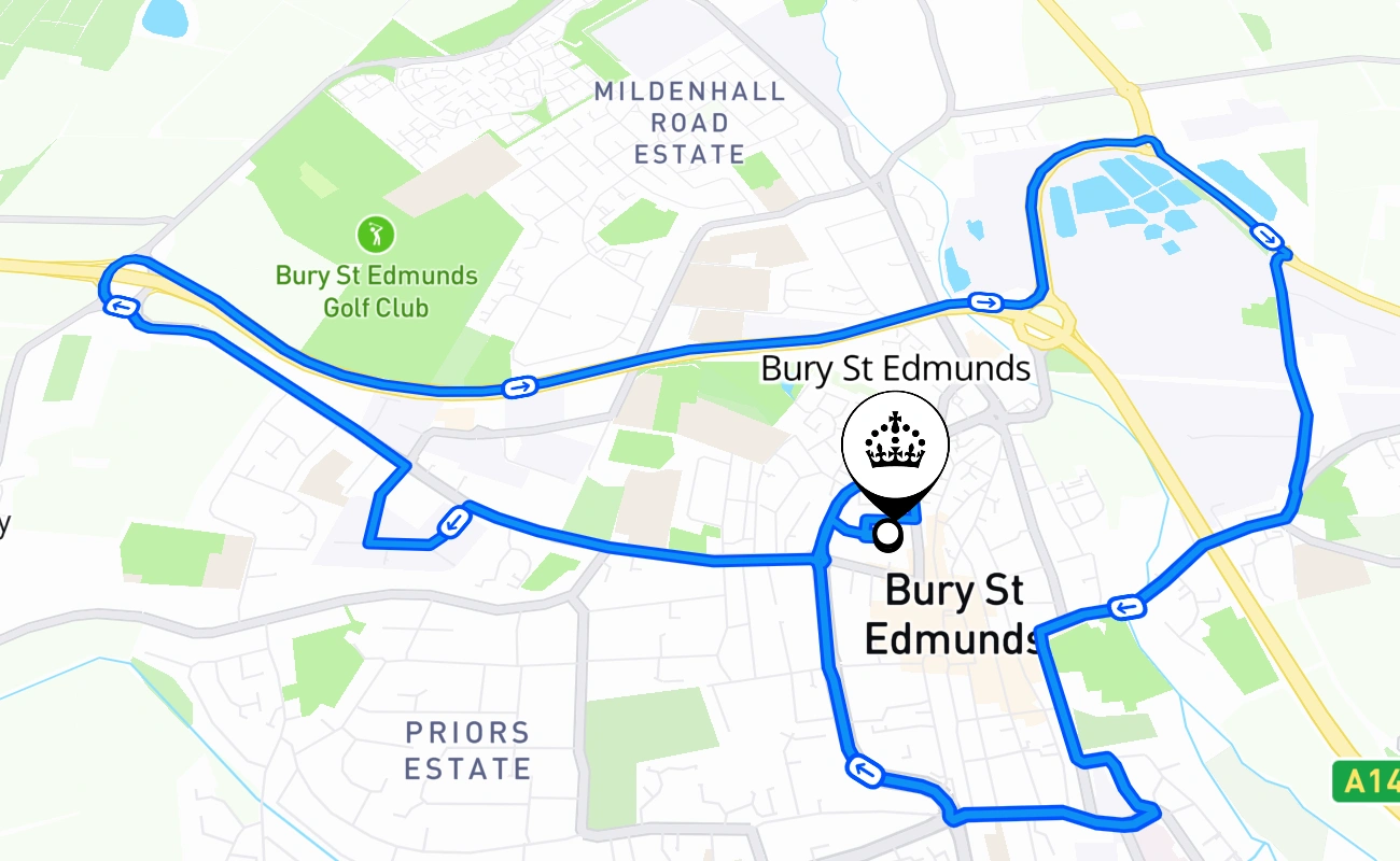 Bury St Edmunds driving test route #1099 map - ENG United Kingdom