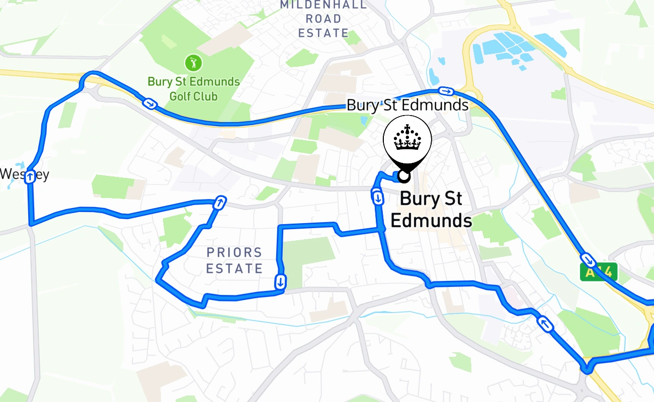 Bury St Edmunds driving test route #1103 map - ENG United Kingdom