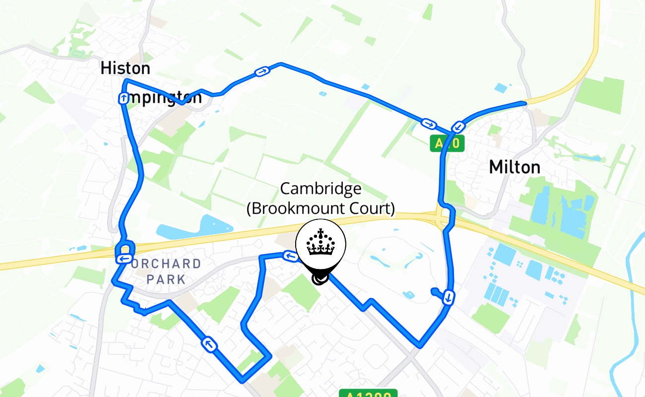Cambridge (Brookmount Court) driving test route #374 map - ENG United Kingdom