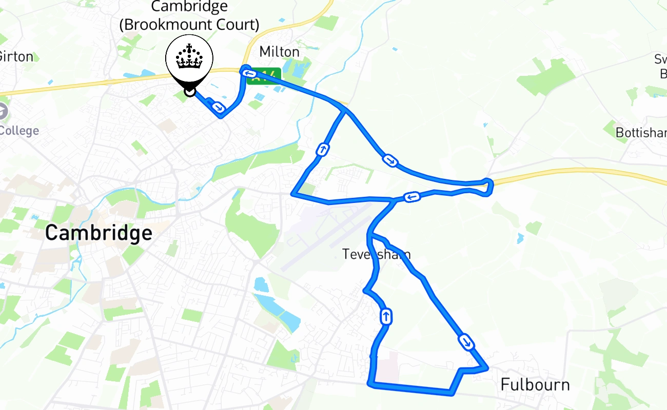Cambridge (Brookmount Court) driving test route #375 map - ENG United Kingdom