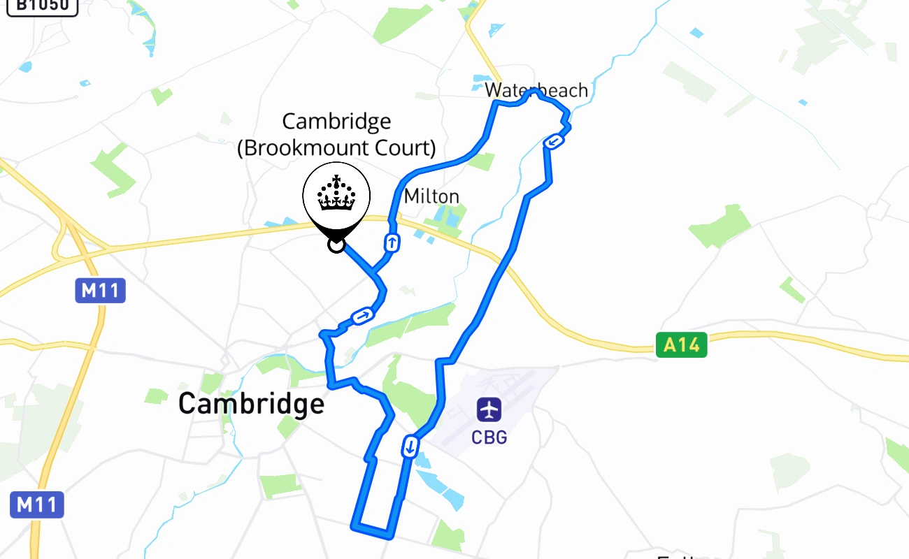 Cambridge (Brookmount Court) driving test route #377 map - ENG United Kingdom