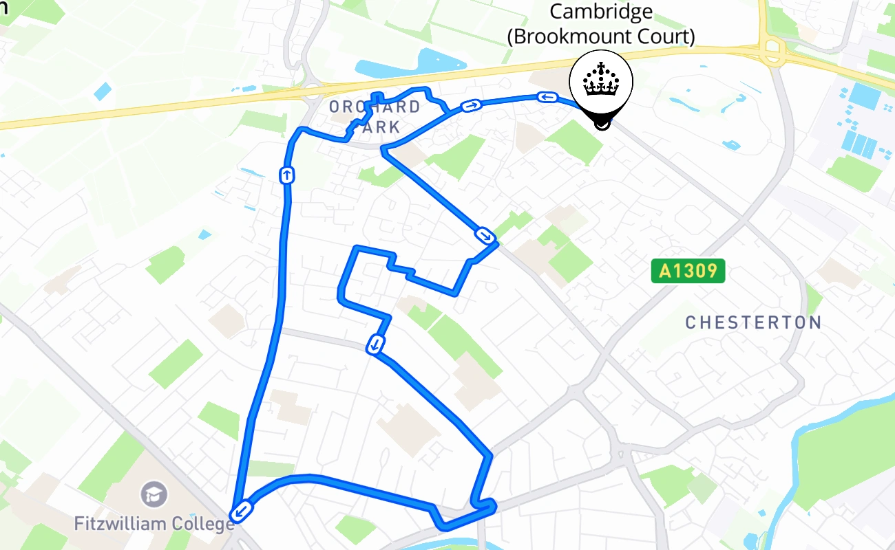 Cambridge (Brookmount Court) driving test route #380 map - ENG United Kingdom