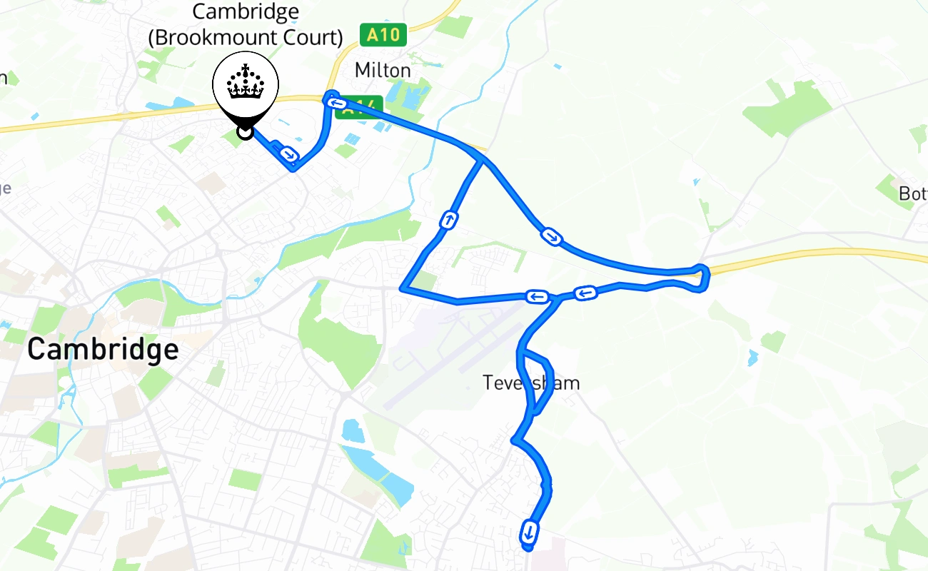 Cambridge (Brookmount Court) driving test route #382 map - ENG United Kingdom