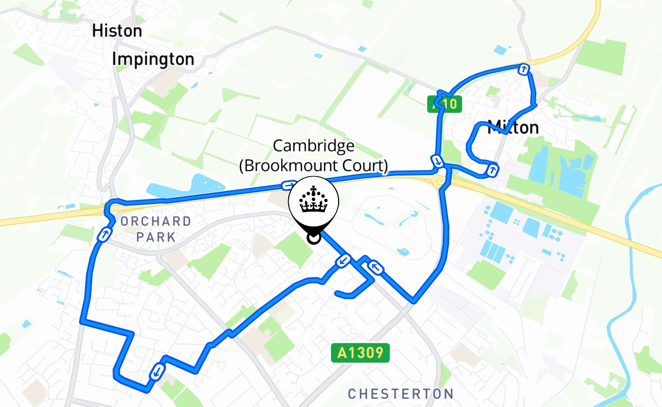 Cambridge (Brookmount Court) driving test route #383 map - ENG United Kingdom