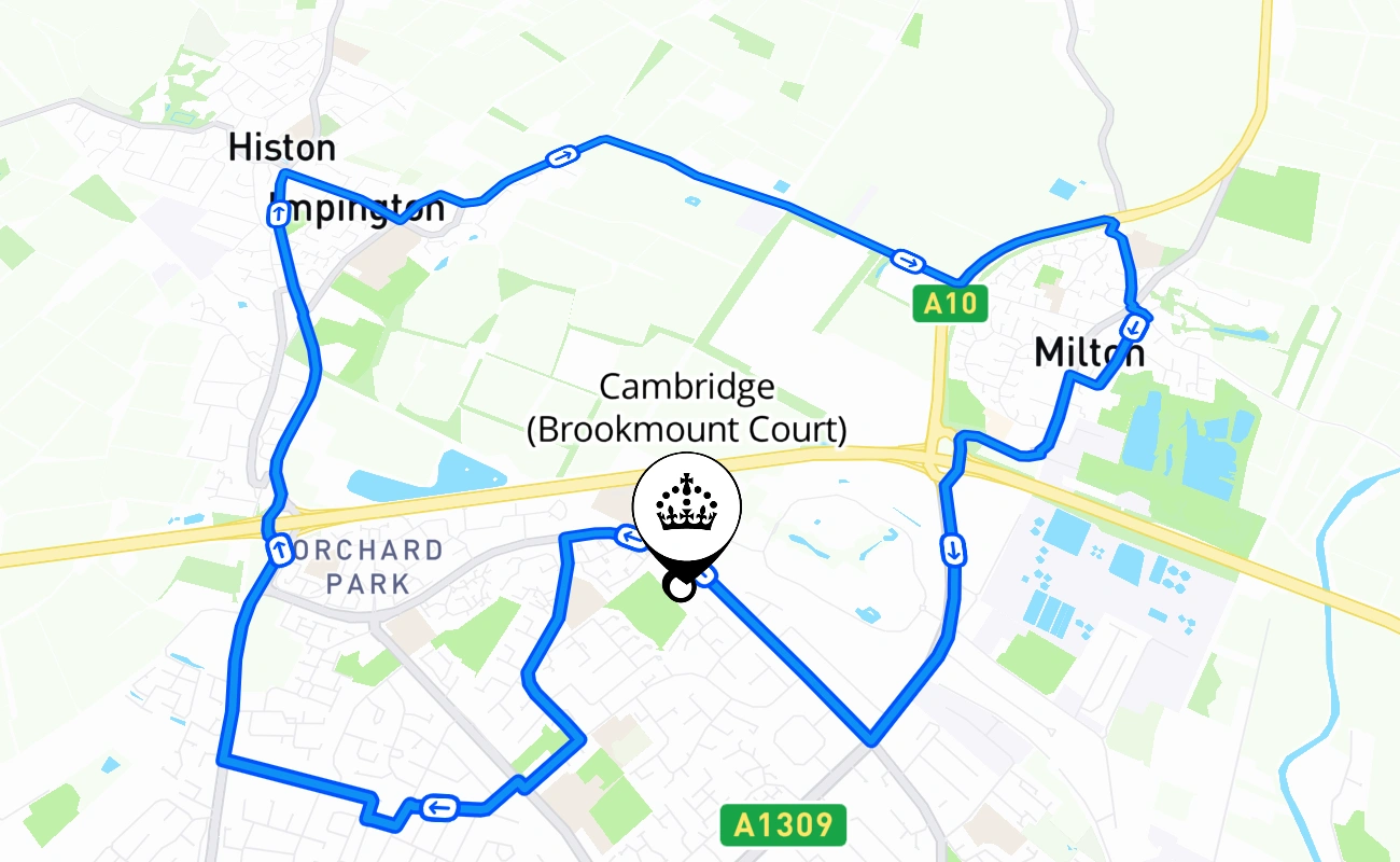 Cambridge (Brookmount Court) driving test route #384 map - ENG United Kingdom