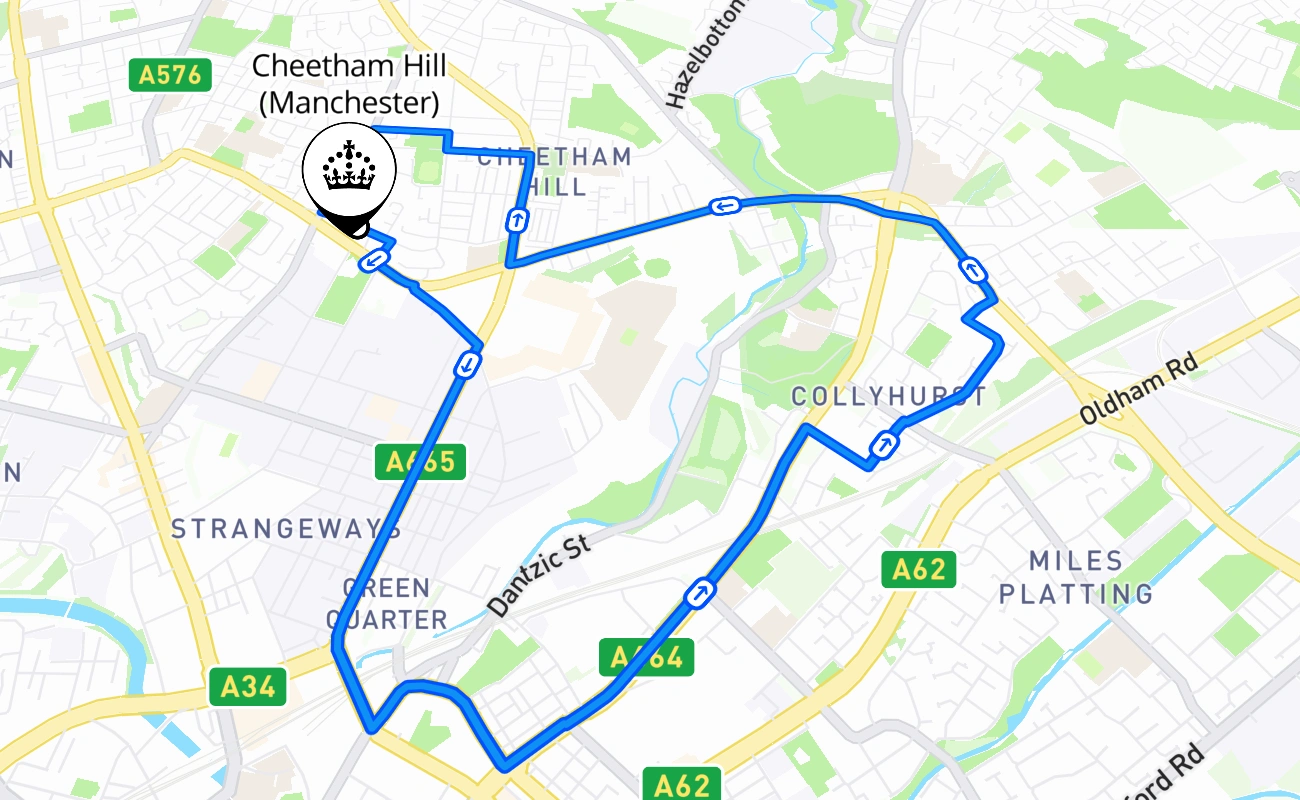 Cheetham Hill (Manchester) driving test route #1770 map - ENG United Kingdom