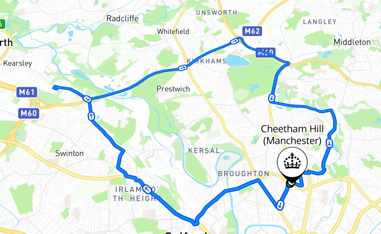 Cheetham Hill (Manchester) driving test route #1785 map - ENG United Kingdom