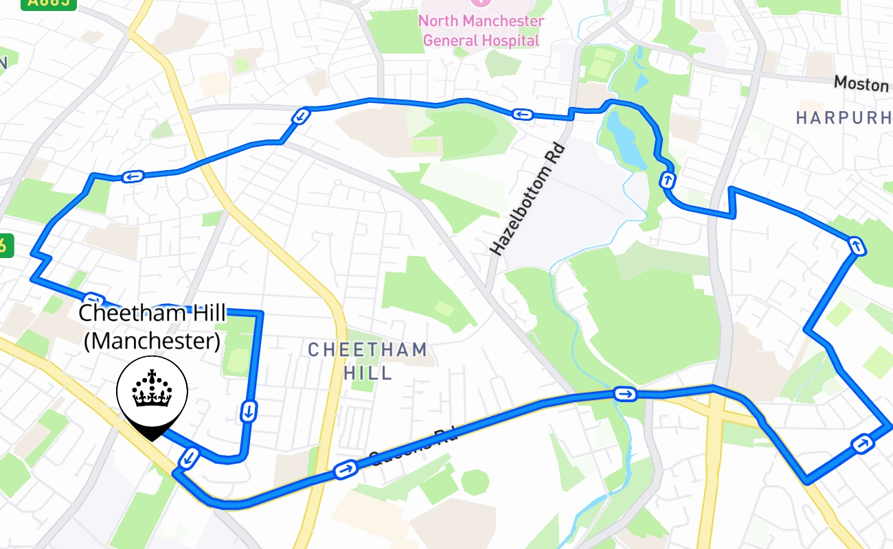 Cheetham Hill (Manchester) driving test route #1790 map - ENG United Kingdom