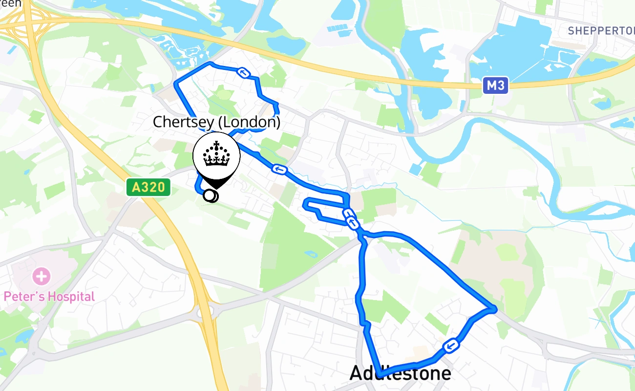 Chertsey (London) driving test route #1932 map - ENG United Kingdom