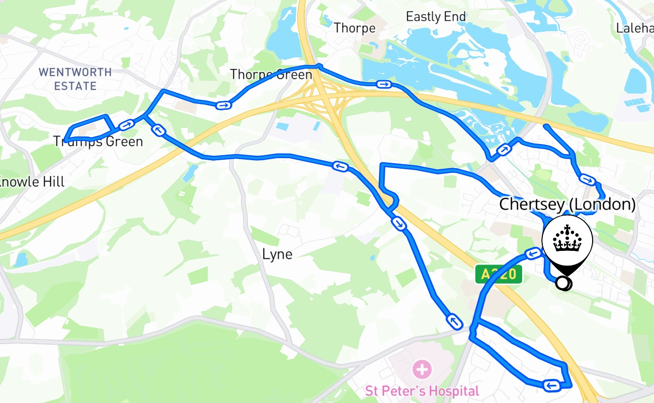 Chertsey (London) driving test route #1933 map - ENG United Kingdom
