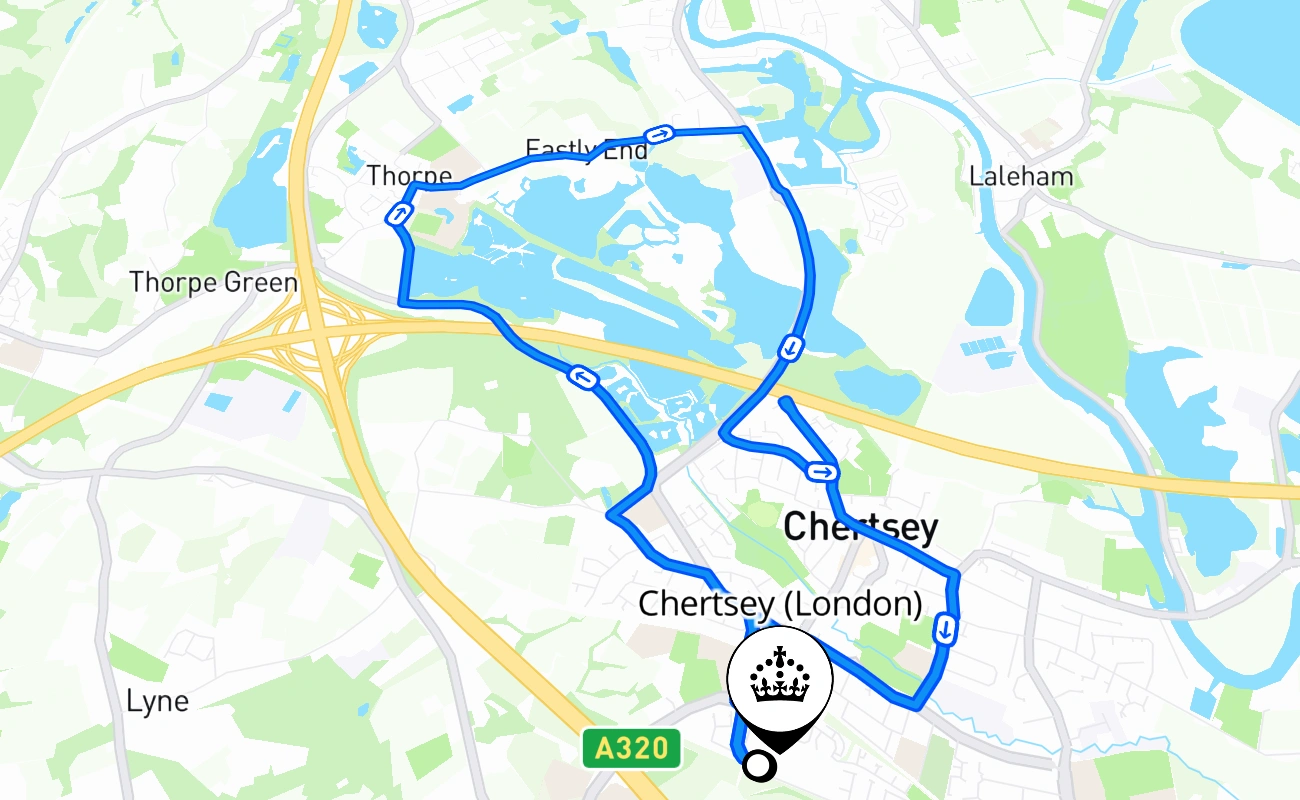 Chertsey (London) driving test route #1937 map - ENG United Kingdom